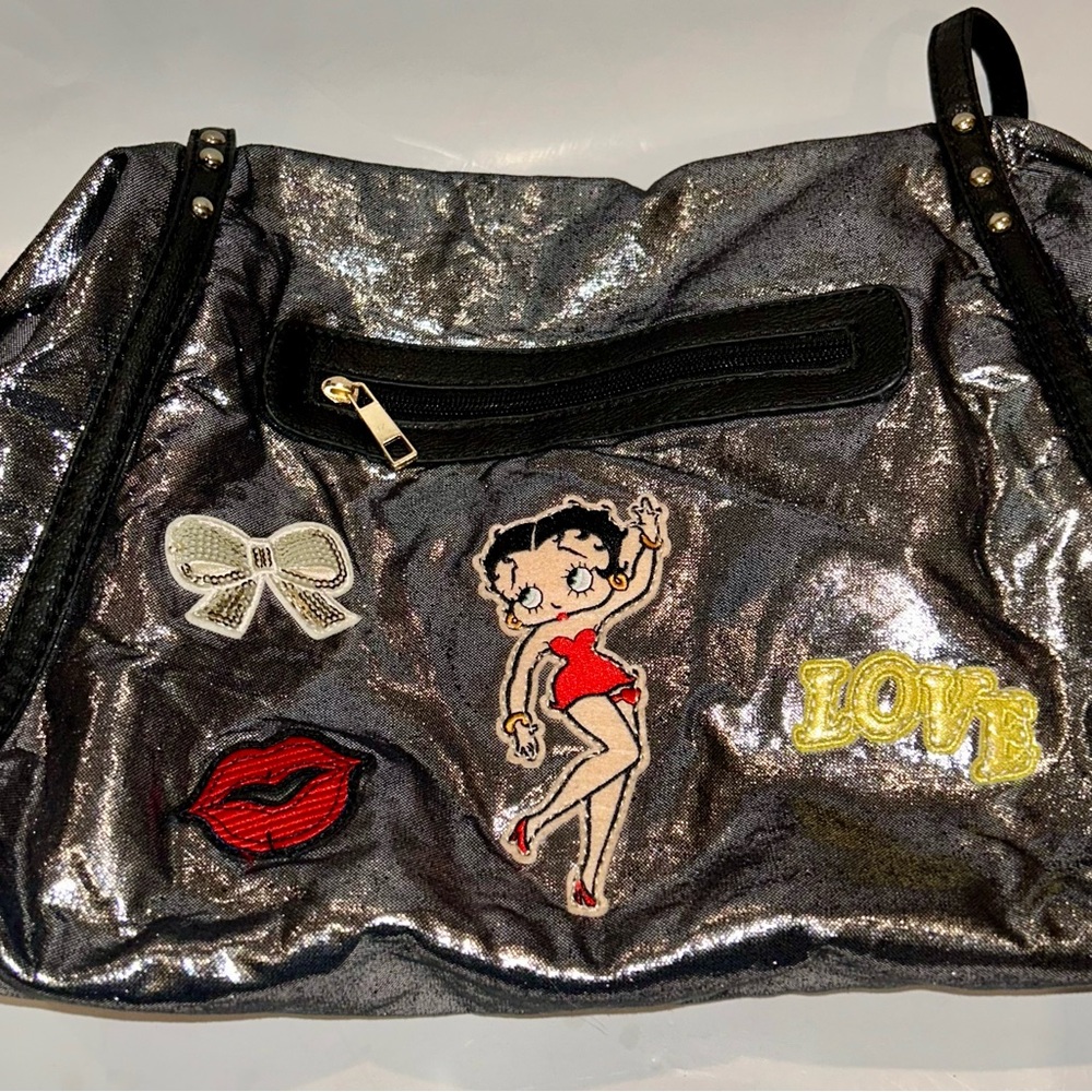 Vintage Betty Boop Glamorous Silver Shoulder Bag with Fun Patches-Betty,lips,bow